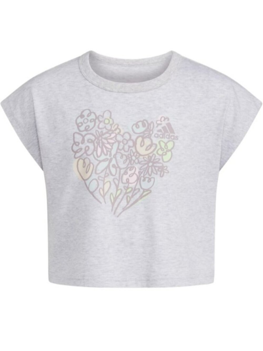 NWT. ADIDAS Girls Gray/Green Floral Print Boxy T-Shirt